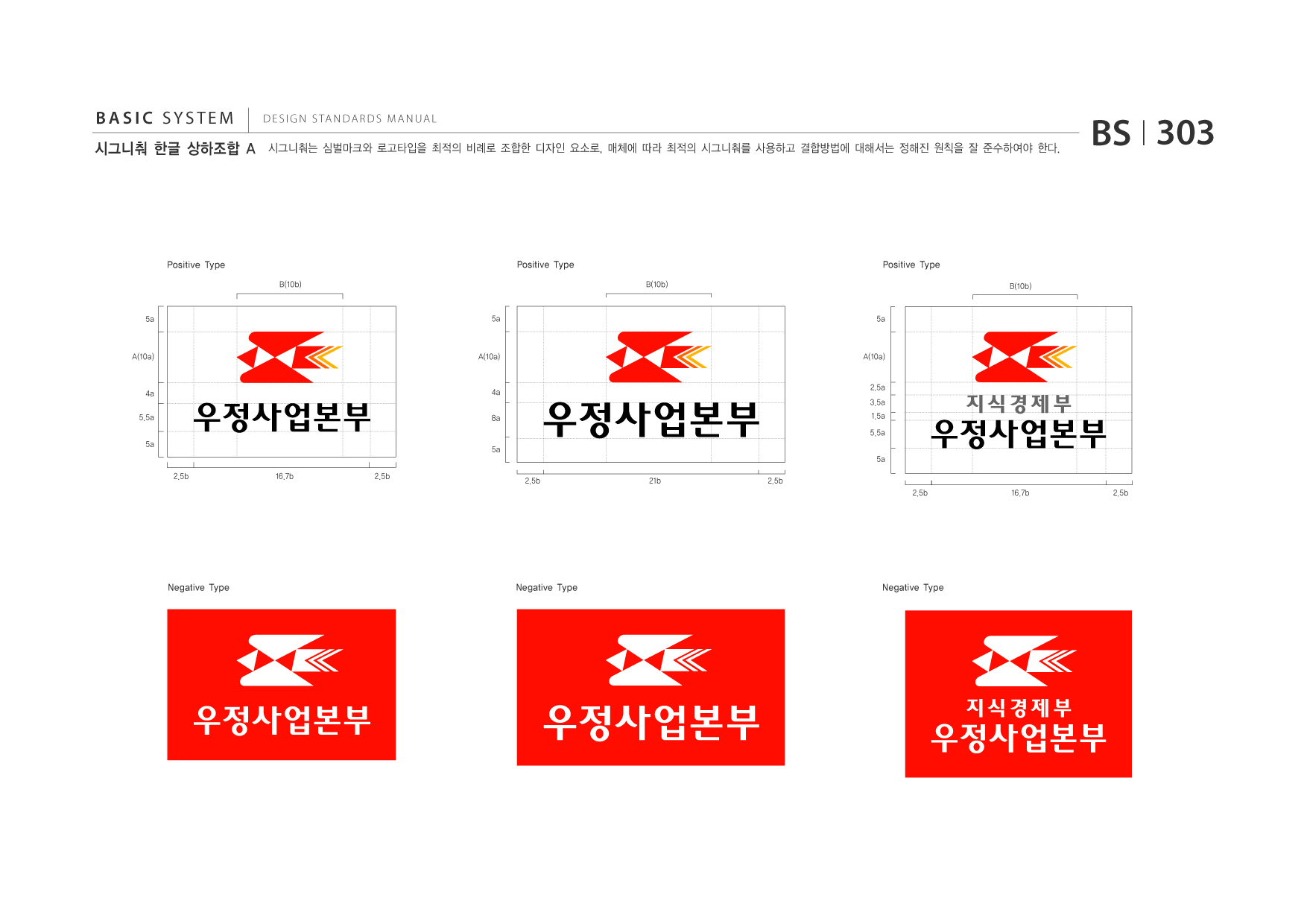 BASIC SYSTEM 시그니춰 한글 상하조합 A  DESIGN STANDARDS MANUAL  시그니춰는 심벌마크와 로고타입을 최적의 비례로 조합한 디자인 요소로, 매체에 따라 최적의 시그니춰를 사용하고 결합방법에 대해서는 정해진 원칙을 잘 준수하여야 한다.  BS I 303  Positive Type B(10b)  Positive Type B(10b)  Positive Type B(10b)  5a  5a  5a  A(10a)  A(10a)  A(10a) 2.5a 3.5a 1.5a 5.5a  4a 5.5a 5a  4a 8a  5a 5a 2.5b 16.7b 2.5b 2.5b 21b 2.5b 2.5b 16.7b 2.5b  Negative Type  Negative Type  Negative Type